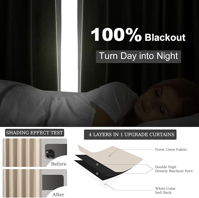 Topfinel Extra Long 132 Inch 100% Blackout Curtains for Livingroom Neutral Boho Linen Blend Farmhouse Curtain Drapes Sound Proof Drapes Privacy Ceiling Track Villa Bedroom 11Ft(W52 xL132 2 Panels)