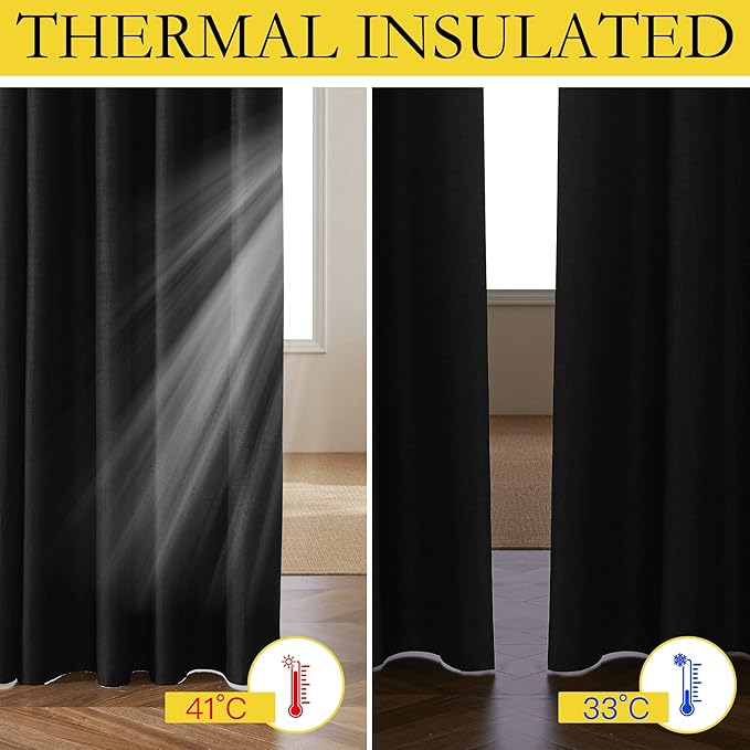NICETOWN Vintage Open Linen Weave Flax Thermal Curtains, 100% Blackout Curtains 80 inches Long for Dining Room, Soundproof Window Treatment Drapes for Hall Room, Black, 34" Wide Per Panel, Set of 2
