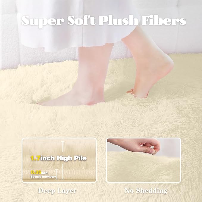 Cream White Round Rugs for Bedroom: 4ft Circle Fluffy Shag Soft Washable Rug Small Fuzzy Plush Indoor Carpet for Kids Girls Boys Nursery Dorm Classroom (Cream White, 4'x4')