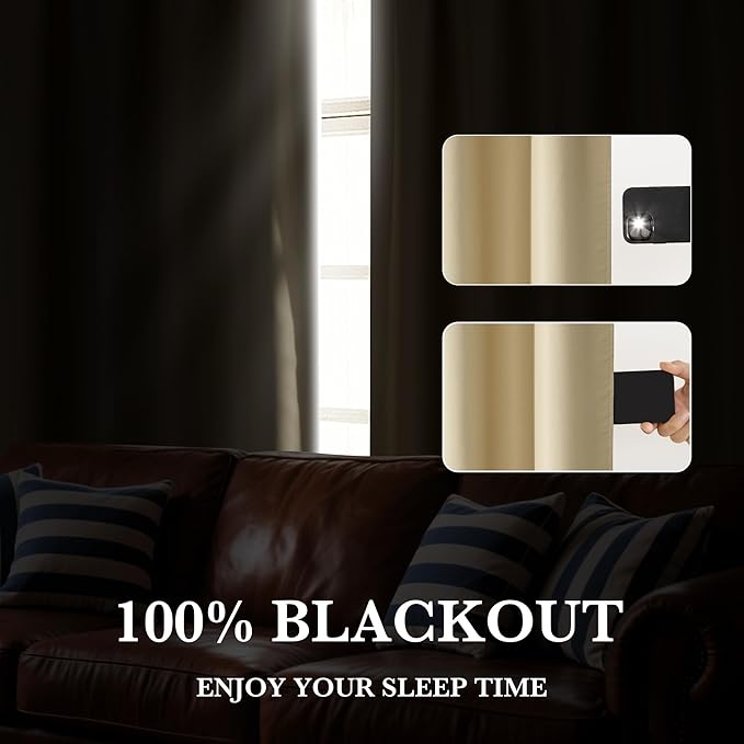 RYB HOME Bedroom Blackout Curtains 72 inches Long, 100% Blackout Thermal Insulated Noise Reducing Curtains for Living Room Nursury, 62 inches Wide by 72 inches Long, Biscotti Beige