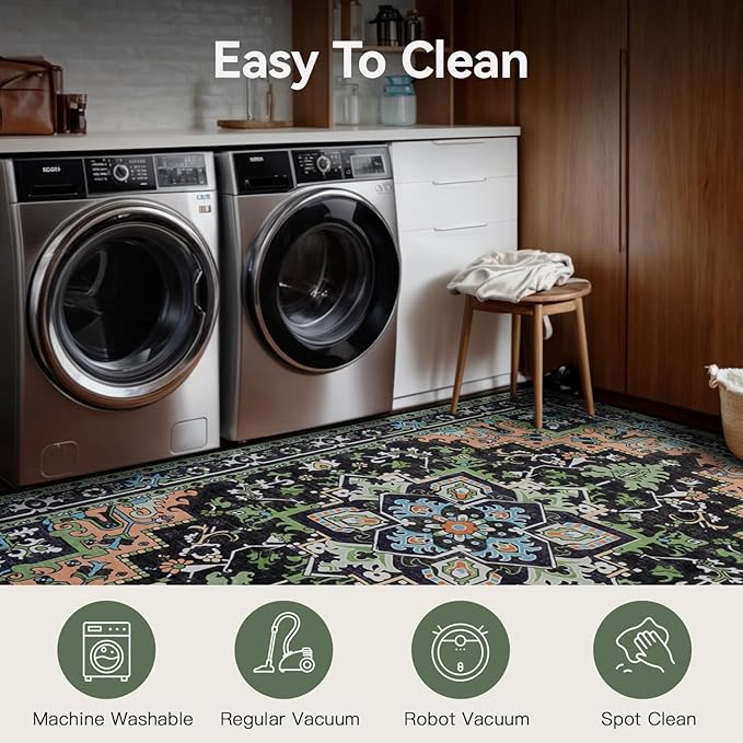 5x7 Area Rugs, Vintage Washable Area Rug for Living Room, Floral Boho Area Rugs for Bedroom, Office, Non-Slip Colorful Rug, Traditional Vintage Style, Plush Low-Pile Soft Carpet, Dark Green