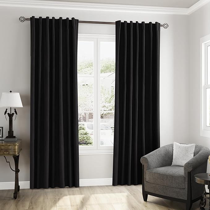 Guken Black 100% Blackout Curtains 90 Inch Length 2 Panels Set for Living Room Bedroom Back Tab Thermal Insulated Black Out Linen Drapes Room Darkening Window Curtains 90 Inches Long