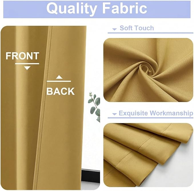 Simplebrand Ava Bright Gold Blackout Curtains for Bedroom 63 Inch Length 2 Panels Set, Privacy Thermal Insulated Rod Pocket Door Window Curtains for Patio French Door Front Door, W40 x L63 Inch