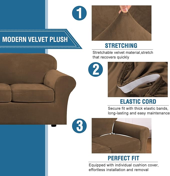 H.VERSAILTEX Real Velvet Plush 3 Piece Stretch Sofa Covers Couch Covers for 2 Cushion Couch Sofa Slipcovers Width Up to 90 Inch Feature Thick Soft Stay in Place (Sofa, Bronze Brown)