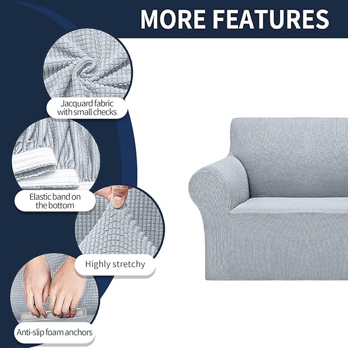 Cupuamon 2026 New Stretch Sofa Slipcovers Couch Cover for 3 Cushion Furniture Protector Sofa Covers with Elastic Bottom Jacquard Fabric Small Checks for Pets, Kids -Sofa, Silver
