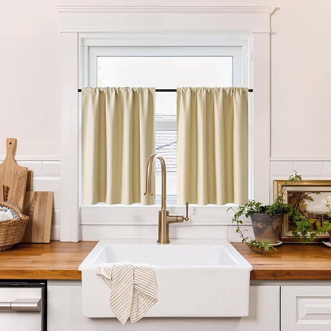 RYB HOME 100% Blackout Basement Curtains 30 inches Long, Heat & UV Blocking Total Room Darkening Noise Reducing Curtains for Bathroom RV Campers, Biscotti Beige, 2 Panels Set