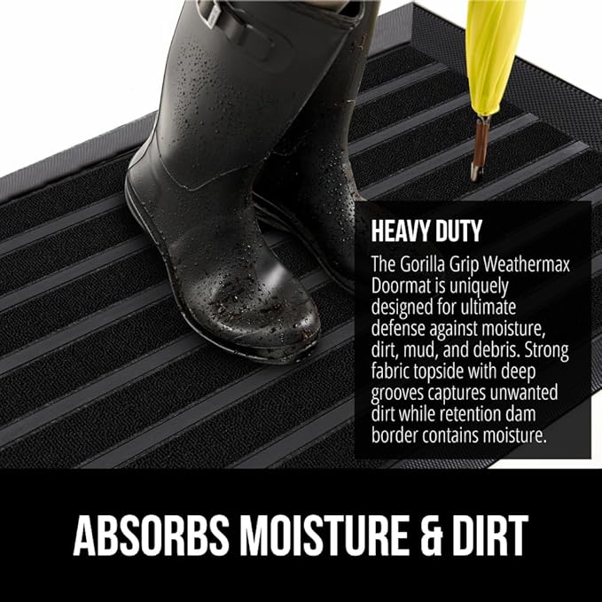 GORILLA GRIP 100% Waterproof All-Season WeatherMAX Doormat US Designed Natural Rubber, Stain and Fade Resistant, Low Profile Indoor Outdoor Door Mats, Easy Clean Patio Mat, 23x35, Black Stripe