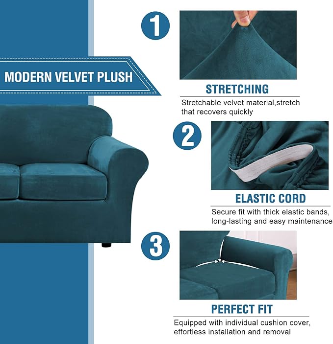 H.VERSAILTEX Rich Velvet Stretch 2 Piece Cover Chair Slipcover Sofa Cover Furniture Protector Couch Soft with Elastic Bottom Chair Couch Cover with Arms Width Up to 49 Inch(Chair, Deep Teal)
