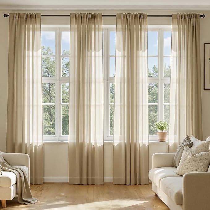 MIULEE Beige Sheer Curtains 96 Inches Long, 4 Panels Set, Rod Pocket Voile Drapes Light Filtering and Semi Transparent, Elegant Window Treatments for Bedroom Living Room,54 x 96 Inches