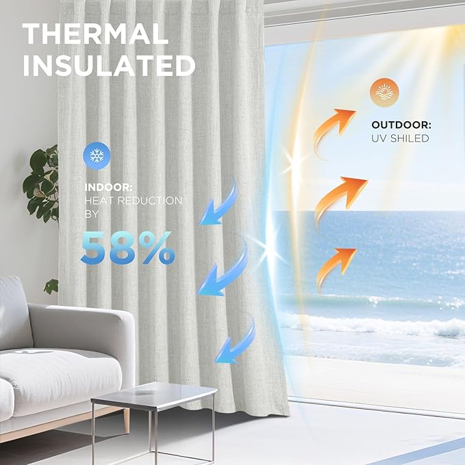 Joydeco Linen Blackout Curtains for Bedroom - 100% Light Blocking 1 Panels, White Drapes 100" W x 96" L, Thermal Insulated Room Darkening Curtains for Living Room, Rod Pocket & Back Tabs
