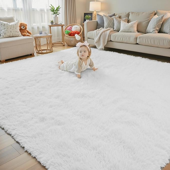 Rugs for Living Room 8x10, Alfombras para Salas Fluffy Shag Large Fuzzy Plush Soft Area Rug, Shaggy Carpets for Bedroom, Kids Boys Girls Home Decor Aesthetic(8 x 10, White)