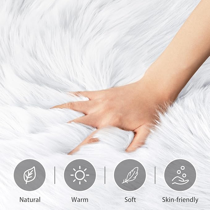 Ciicool Ultra Soft Faux Sheepskin Fur Rug Fluffy Chair Rug for Sofa Couch Seat Cushion.Shaggy Furry Small 2x4 White Bedroom Fuzzy Carpet for Living Room Kid's Room Nursery Decor