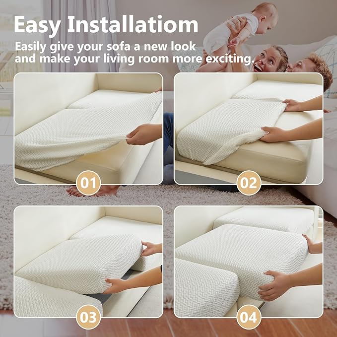 Couch Cushion Covers for Sofa Couch Covers Wear-Resistant Universal Sofa Cover Washable Stretch for Sectional Slipcovers (Texture-Cream White,Large Triple Seat Cover)