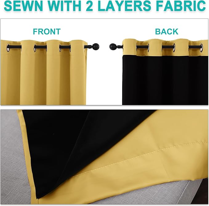NICETOWN Bright Yellow Full Shade Curtain Panels, Pair of Energy Smart & Noise Blocking Out Blackout Drapes for Dining Room Window, Thermal Insulated Guest Room Lined Window Dressing, 52 x 72 inch