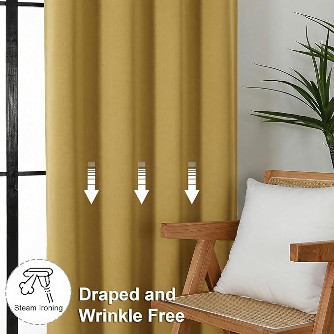Simplebrand Ava Bright Gold Blackout Curtains for Bedroom 84 Inch Length 2 Panels Set, Solid Thermal Insulated Privacy Living Room Window Treatment Curtains Blackout Drapes, W50 x L84 Inch