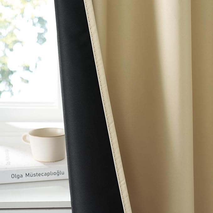 RYB HOME 100% Blackout Short Curtains for Small Window, Thermal Insulated Total Room Darkening Noise Reducing Curtains for Kitchen Bathroom Basement, 42 inches Wide by 48 inches Long, Biscotti Beige
