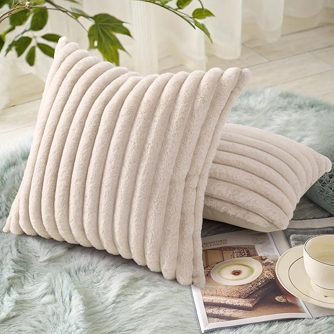 decorUhome Summer Cozy Faux Fur Throw Pillow Covers 26x26 Set of 2 Decorative Soft Plush Striped Modern Farmhouse Boho Couch Euro Sham Pillow Cases with Velvet Back for Sofa Bed Living Room, Beige
