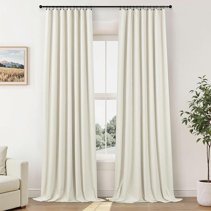 Custom Made Curtains 86 Inches Long for Bedroom 2 Panels Set Unique Faux Linen Blackout Curtain for 84-88 Inch Tall Window Black Out Drapes Living Room Modern Farmhouse Back Tab Rod Pocket Cream Ivory
