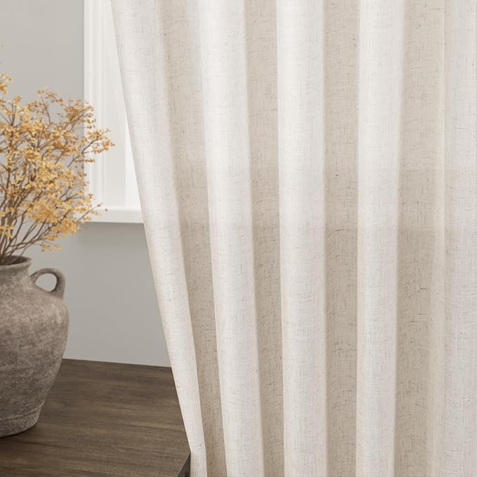 Extra Long Tan Beige Curtains 120 inch Length 2 Panels Set Back Tab Neutral Farmhouse Drapes Light Filtering Semi Sheer Linen Curtain 120 inches Long for Floor to Ceiling Window Patio Sliding Door
