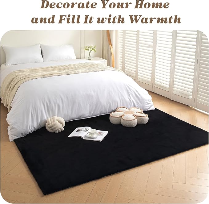 ThreadGlobe Fluffy Faux Rabbit Fur Rug 5'x7', Cloud-Soft Rugs for Living Room, Bedroom & Nursery, Non-Slip No-Shed Area Rug, Machine Washable Rug, Black, 5x7 Ft