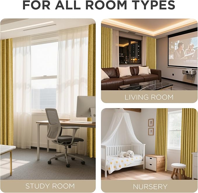 Joydeco Blackout Curtains for Bedroom - 100% Light Blocking 2 Panels Set Yellow Drapes 37" W x 72" L, Thermal Insulated Room Darkening Curtains, Linen Textured for Living Room, Rod Pocket & Back Tabs