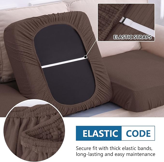 hyha Waterproof Couch Cushion Covers for Pets, Non Slip Sofa Seat Cover for Dogs Washable, Soft Thick Stretch Jacquard Fabric, Sofa Slipcovers with Elastic Bottom (2 Pieces, Brown)