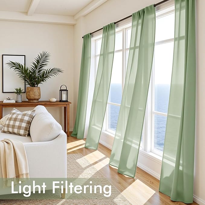 MIULEE Sage Green Sheer Curtains 108 Inches Long, 4 Panels Set, Light Filtering Rod Pocket Voile Drapes Window Treatments, Semi Transparent Airy Fabric for Bedroom and Living Room, 42 x 108 Inches