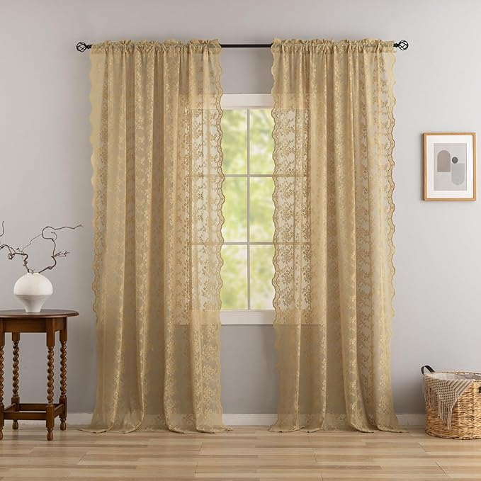 YJ YANJUN Vintage Lace Curtains 84 Inches Long-Victorian Floral Pattern Taupe Sheer Curtain Panels for Living Room Bedroom, Retro Boho Farmhouse Earth Tone Home Decor 2 Panels 52W x 84L Dark Tan