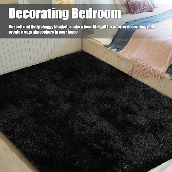 Ultra Soft Fluffy Area Rugs for Bedroom Living Room 10x12, Nursery Rug, Non-Slip Carpet for Kids Dorms Decor, Shaggy Bedside Rug, Black