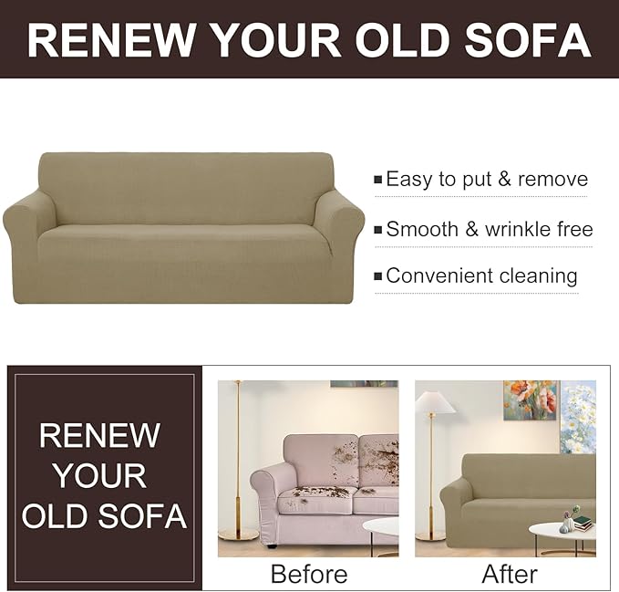 U-NICE HOME 4 Seater Stretch Couch Cover Sofa Cover Washable Sofa Slipcover Furniture Protector for 3 Cushion Couch Sofa Pet Friendly, Sand