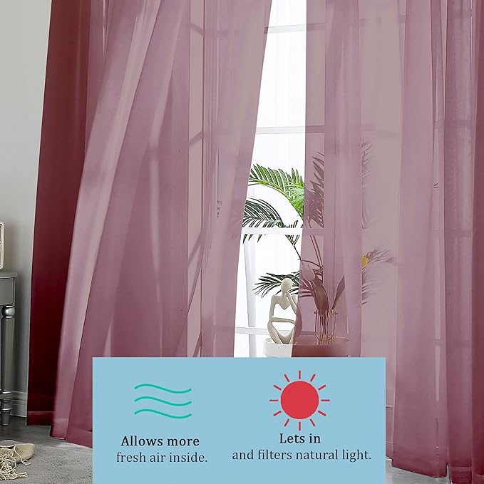 OWENIE Sheer Curtains, Sheer Curtains 84 inch Length 2 Panels Set, Rod Pocket Voile Fimly Sheer Drapes for Living Room/Bedroom, 2pcs, Each 42" W x 84" L, Burgundy