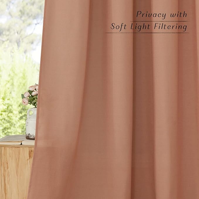 NICETOWN Rustic Linen 132 inch Long Curtains for Living Room, Grommet Privacy Added Thick Linen Weave with Light Filter Window Curtains & Drapes for Bedroom, Terracotta, W55 x L132, 2 Panels