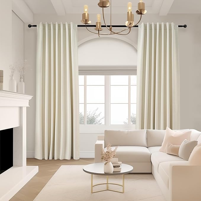 Topfinel 102 Inches Long Cream Colored Custom Total Blackout Linen Curtains, Rod Pocket Curtains with Pin Hooks for Traverse, Aesthetic Burlap Viral Drapes 2 Panels for Living Room Master Bedroom