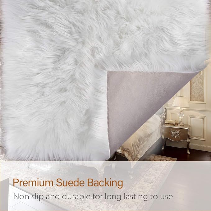 LOCHAS Soft Fluffy Faux Fur Rugs for Bedroom Bedside Rug 3x5 Feet, Washable, Furry Sheepskin Area Rug for Living Room Girls Room, Luxury Shag Carpet Home Decor, White