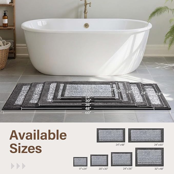 60x24 Long Bathroom Rugs Washable Non Slip, Grey Bath Mat for Bathroom Floor Tub, Soft Absorbent Quick Dry Mats for Shower,Bathtub,Home Decor