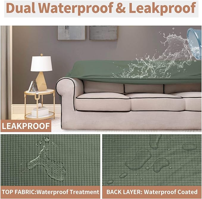 Easy-Going 100% Waterproof Couch Cover, Dual Waterproof Sofa Cover, Stretch Jacquard Sofa Slipcover, Leakproof Furniture Protector for Kids, Pets, Dog and Cat (Oversized Sofa, Grayish Green)