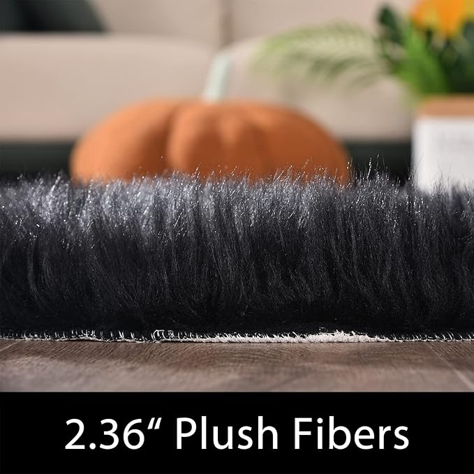 Latepis Rugs for Living Room Alfombras para Salas 5x8 Faux Sheepskin Black Fur Rug Fluffy Shag Plush Rugs for Bedroom Luxury Room Décor, Rectangle