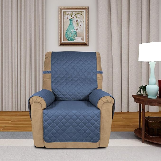 PureFit Reversible Quilted Sofa Cover, Water Resistant Slipcover Furniture Protector, Washable Couch Cover with Non Slip and Elastic Straps for Kids, Dogs (Small Recliner, Dark Blue/Light Blue)