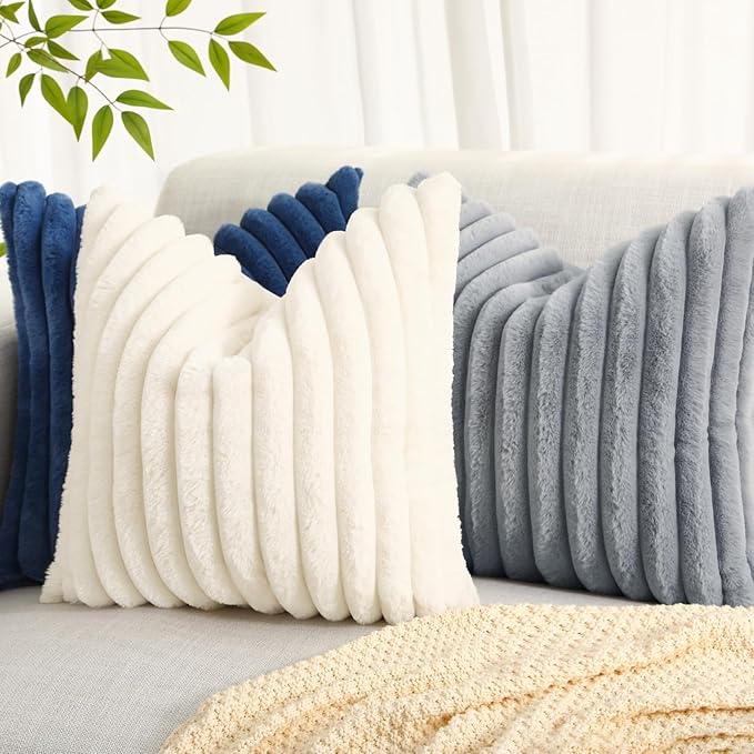 decorUhome Cozy Faux Fur Throw Pillow Covers 22x22 Set of 2 Decorative Soft Plush Striped Modern Farmhouse Boho Couch Euro Sham Pillow Cases with Velvet Back for Sofa Bed Living Room, Blue