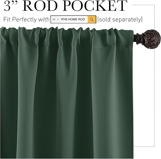 RYB HOME Blackout Curtains for Bedroom Living Room 63 inches Long, Thermal Insulated Privacy Rod Pocket Drapes for Nursery Office Home Theater, Width 42 by Length 63, Dark Green, 2 Panels