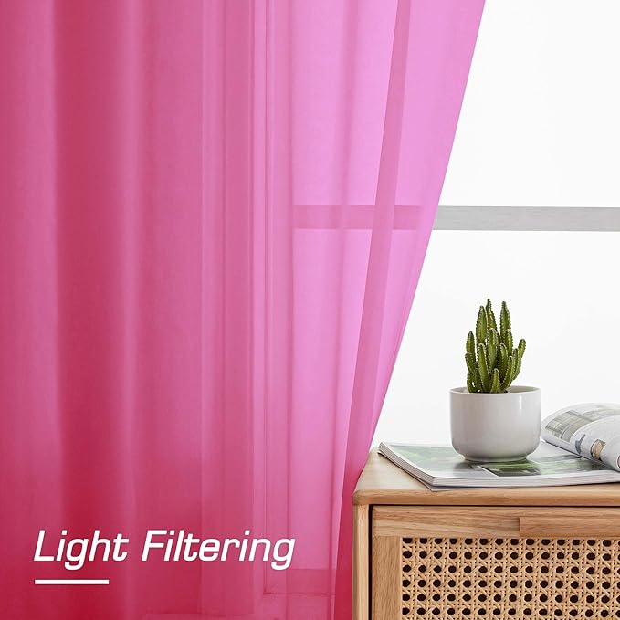 OWENIE Hot Pink Kitchen Sheer Curtains for Bedroom Living Room 45 Inch Length, Bedroom, Soft Solid Light Filtering Voile Short Sheer Curtain for Small Window, 42" W x 45" L, Hot Pink