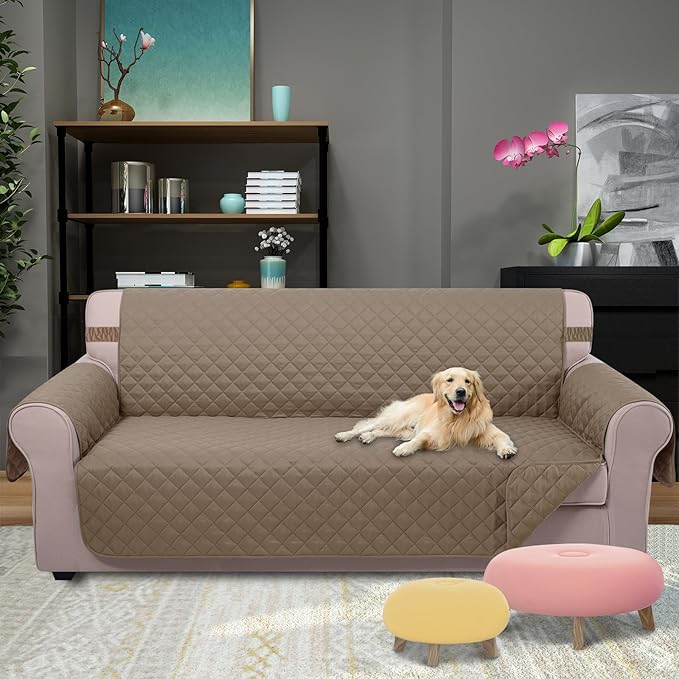 U-NICE HOME 4 Seater Sofa Cover 91 Inch Large Couch Covers for 4 Cushion Couch with Elastic Straps Water Resistant Furniture Protector Cover for Pets Cat (Sofa XX-Large, Taupe/Taupe)
