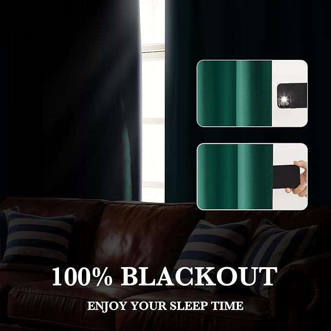 RYB HOME Bedroom Blackout Curtains 72 inches Long, 100% Blackout Thermal Insulated Noise Reducing Curtains for Living Room Nursury, 42 inches Wide by 72 inches Long, Dark Green