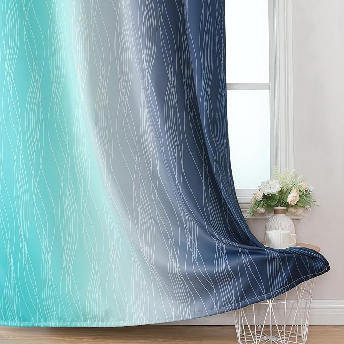 Estelar Textiler Navy Blue and Teal Ombre Blackout Curtains 45 Inch Length 2 Panels, Full Room Darkening Gradient Drapes for Kitchen, Thermal Insulated Grommet Short Curtains for Bathroom,42Wx45L