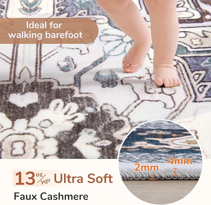 OPPODREAM Soft Area Rugs 5x7, 5x7 Washable Rug with Non Slip Backing, 5 x 7 Faux Cashmere Low-Pile Carpet, Navy Blue & Gold