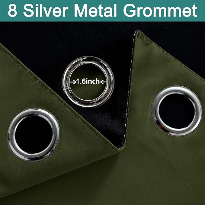 Yakamok Green 100% Blackout Curtains, Total Blackout Lined Curtain Panels for Bedroom, 2 Thick Layers Grommet Top Thermal Insulated Blackout Drapes for Living Room(52Wx96L, Olive Green, 2 Panels)