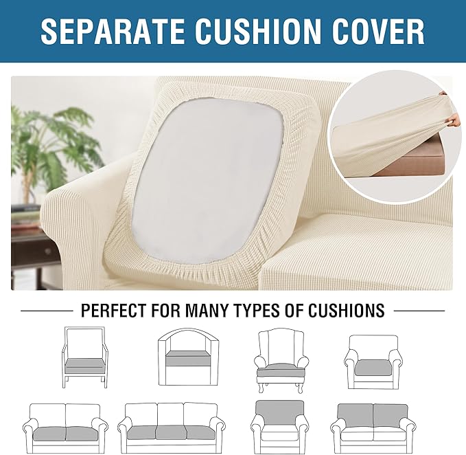 H.VERSAILTEX 3 Piece Stretch Sofa Covers for 2 Cushion Loveseat Couch Covers for Living Room (Base Cover Plus 2 Seat Cushion Covers) Thicker Jacquard Fabric (Medium Sofa, Cream)