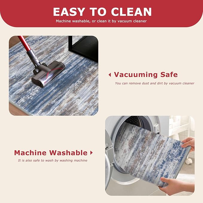 KOZYFLY Modern Abstract Washable Rug Runner 2x7 Hallway Runner Rug Non-Slip Soft Kitchen Runner Rugs, Print Blue Rust Striped Carpet Runner for Entryway Bathroom Laundry Room Foyer