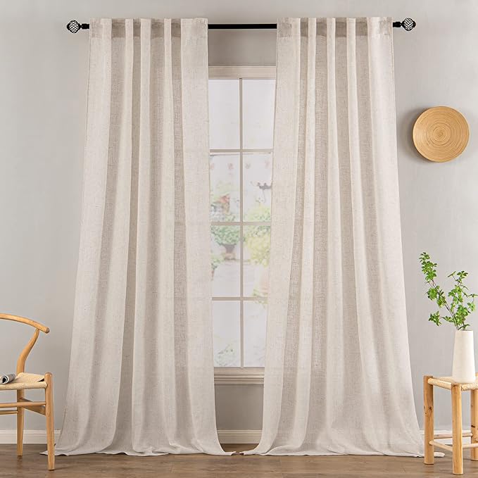 MIULEE Natural White Linen Curtains 95 Inch Length 2 Panels for Bedroom Living Room, Soft Thick Linen Textured Window Drapes Semi Sheer Light Filtering Back Tab Rod Pocket Burlap Look Decor