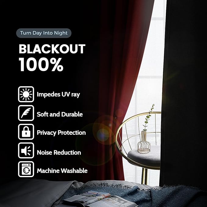 SimpleHome 100% Blackout Curtains for Bedroom,Thermal Insulated Burgundy Red Grommet Window Drapes Room Darkening Curtains for Living Room with Black Back,52 x 96 Inch,2 Panels
